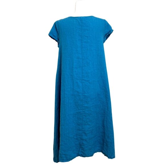 Bryn Walker Blue Linen Midi Dress Short Sleeve Lagenlook USA Womens Size XXS - Picture 3 of 9